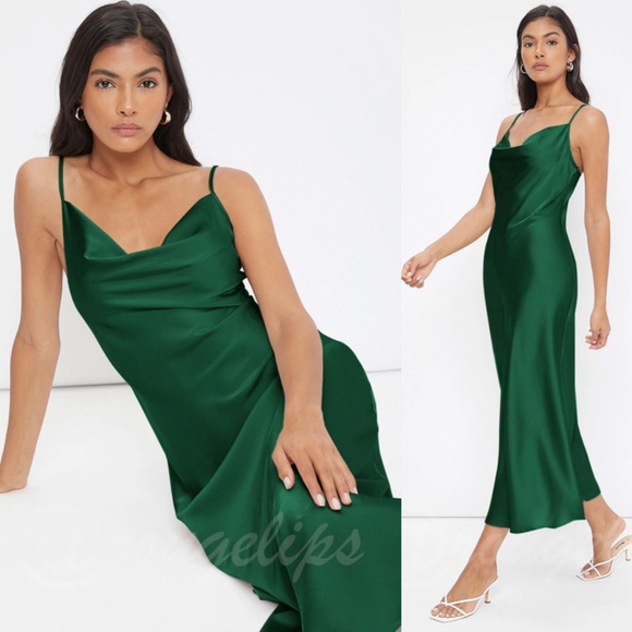 Green Satin Cami Dress Midi Adjustable Spaghetti Straps - Picture 1 of 8